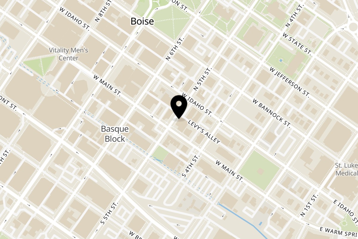 Map showing the location of Roast & Vine on 420 W Main St #101B in Boise
